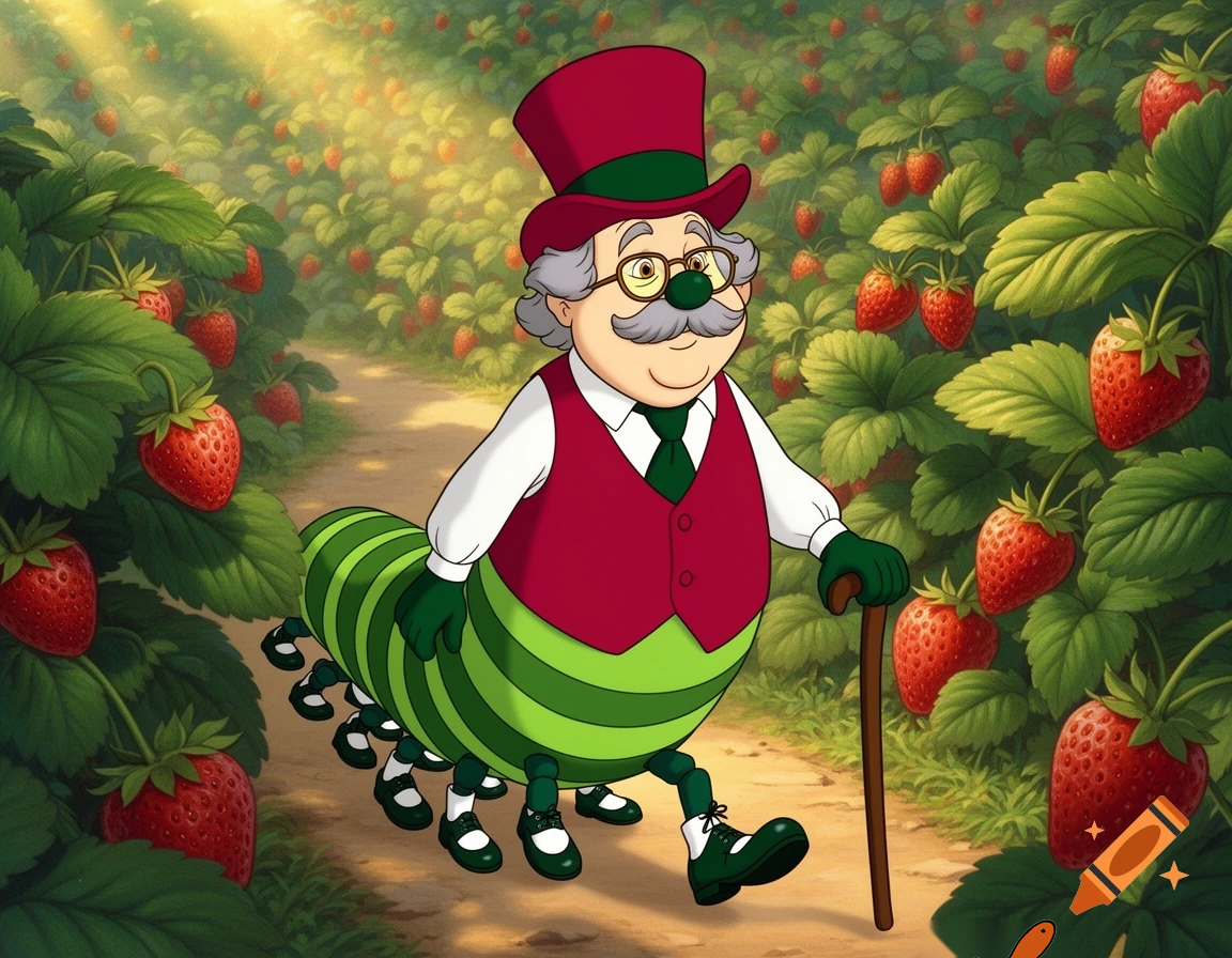 A scene from a 1980's animated Don Bluth movie of a portly elderly green striped caterpillar with a long face, light yellow eyes, a round dark green nose, round droopy cheeks, light gray sideburns, a bushy light gray moustache, & ten legs, wearing a pair of thick round glasses on his nose, a carnation-red top-hat with a dark green band, a carnation-red vest, a white collared undershirt with long sleeves, a dark-green necktie, dark-green gloves, dark-green oxford shoes with white spats, & carrying a brown walking cane as he trots down a pathway through a giant strawberry patch on a sunny day.