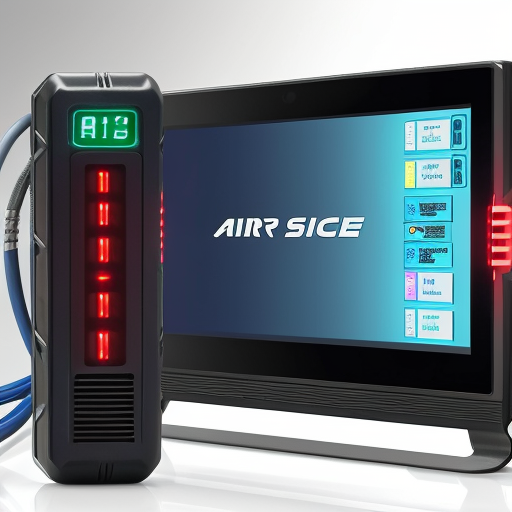 GL918 jump starter and air compressor, streamlined wedge profile (lower front, higher back). Two parallel horizontal ice-blue LED strips on front. Upper strip: above are dual LCD screens side by side. Lower strip: below are five flush touch buttons. Type-C cable in bottom curved recess. Matte dark grey with polished edge chamfers. No handle. Studio shot, dark background, two blue horizontal lines, 8K, --ar 16:9 --v 6.1