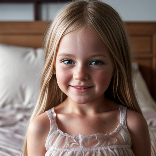 finnish little girl at night dress, very beautiful and eager, long blonde hair, on the bedroom, close up
