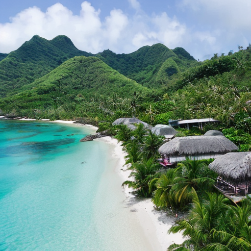 a tropical military base that was turned into a peacefully island village with lush trees and small huts with a large mountain on the far side of the island