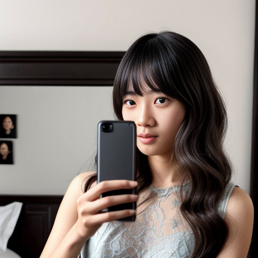  L'immagine mostra una ragazza asiatica  dai capelli scuri e ondulati che scatta un selfie allo specchio in quella che sembra essere una camera da letto. La persona è in piedi, con una mano sollevata tra i capelli e l'altra che tiene lo smartphone per catturare l'immagine.
Sullo sfondo si notano diversi elementi tipici di una stanza vissuta:
Un letto con lenzuola chiare e cuscini di vari colori.
Alcuni oggetti personali sparsi, tra cui capi di abbigliamento rossi e blu.
Una bottiglia d'acqua sul pavimento accanto alla struttura del letto
Nell'immagine si possono notare diversi elementi di abbigliamento e tessuti sparsi nella stanza:
Sullo sfondo, a sinistra, ci sono dei cuscini e delle lenzuola colorate sul letto.
A destra, appoggiati su una superficie, sono visibili dei capi di abbigliamento dai colori vivaci, in particolare un indumento di colore rosso acceso e uno blu.
In primo piano, la persona nell'immagine non indossa vestiti, ma sono presenti delle barre nere di censura sovrapposte alla foto