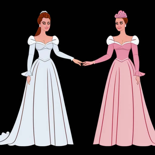 Cinderella in a pink gown, having her dress ripped apart by two elegant women in untouched gowns. full body view. The two elegant women are enviously tearing pieces of the pink gown off. The bodice of the pink gown has a large tear, a sleeve is missing, and there are multiple significantly large tears in the skirt. Both jealous women are currently ripping a piece of the skirt off.