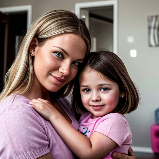 create a family photo of a 27 year old mother with dark blonde hair with blue eyes and her 2 year old daughter with blonde hair with blue eyes in pink at a house