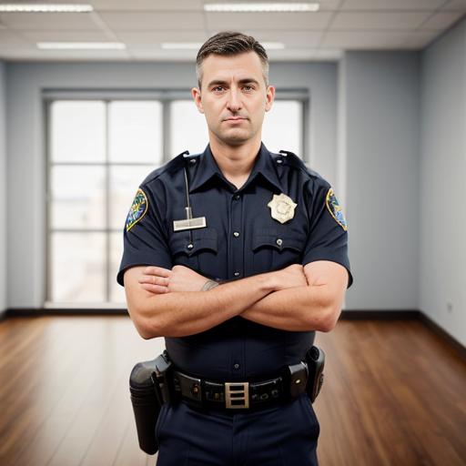A calm, professional law enforcement officer standing slightly apart in a quiet moment of pause, hands resting naturally, posture relaxed but confident. Neutral daytime lighting, soft natural tones, no action or confrontation. The officer’s expression is thoughtful and composed, conveying self-awareness and control. Clean background with subtle depth of field, modern and realistic style. Warm, professional atmosphere suitable for a leadership or training presentation.