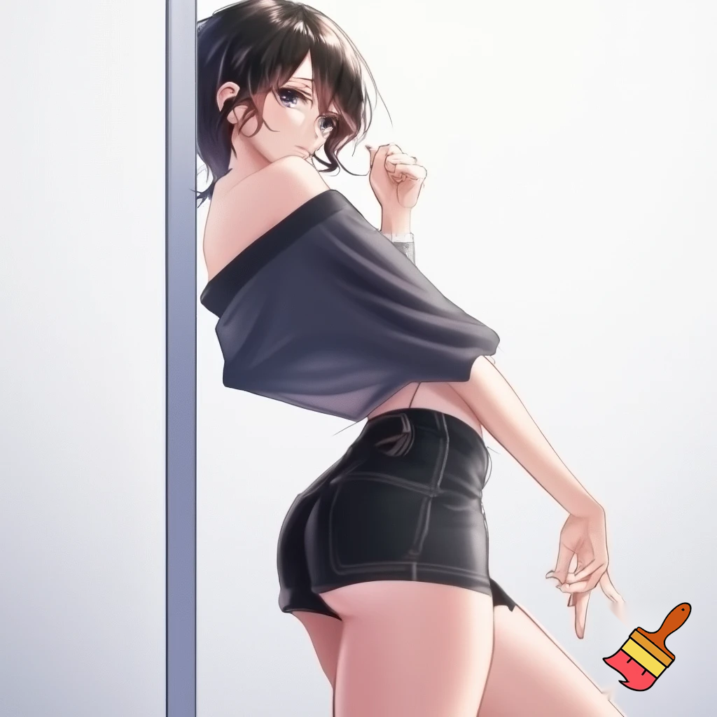 Anime girl 20 years old so cool and cute is dressing a of shoulder dress and very cool short black jeans is standing in white screen make is so anime