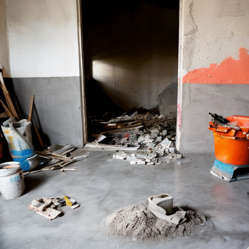 A chaotic construction site. A raw, dark-grey concrete subfloor, severely cracked and spalling. Piles of gray dust, scattered brick debris, an empty sack labeled "CEMENT," discarded paint buckets, and bare, unpainted walls.
