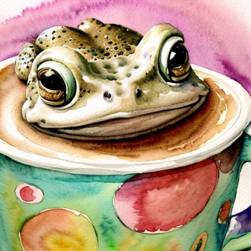 A hillarious, funny boho toad with some hippie colored coffee cups. Psychedelic decorated background, hyperrealistic. Close-up view.