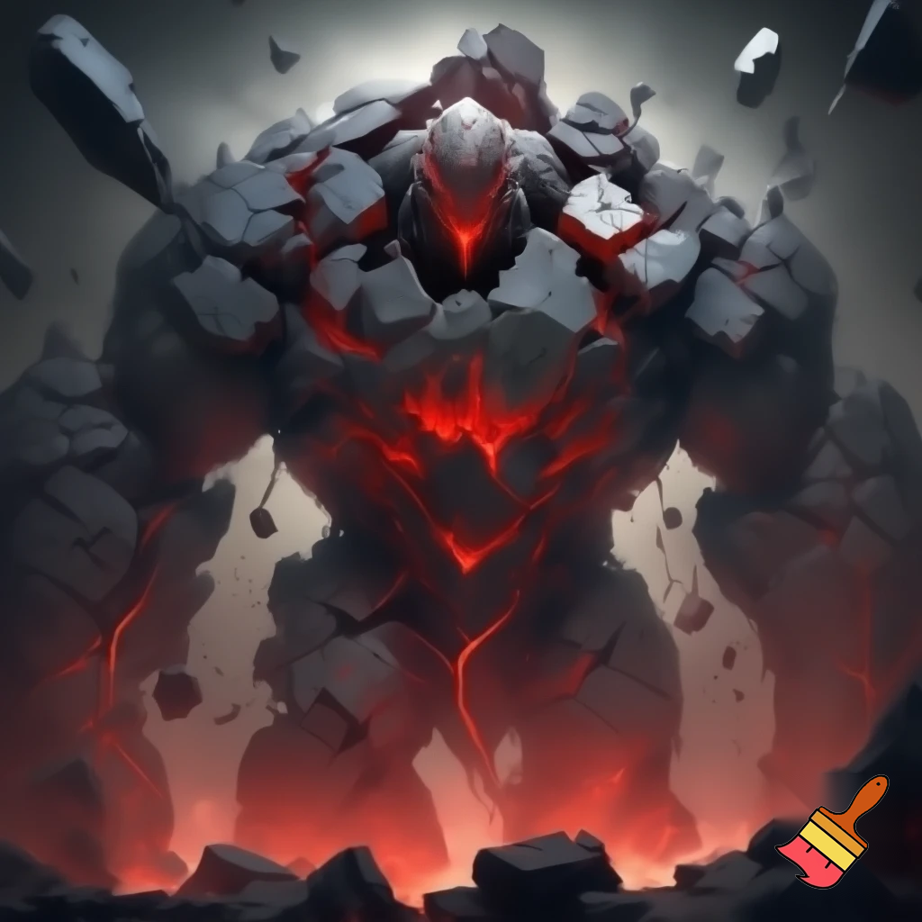 A massive stone creature made of floating black rock fragments held together by red glowing energy. His body looks like a broken statue drifting in place, with heavy stone plates orbiting around him. His mask-like face has a red crack running vertically down the middle. He looks intimidating, powerful and ancient, with an aura of weight and gravity.
