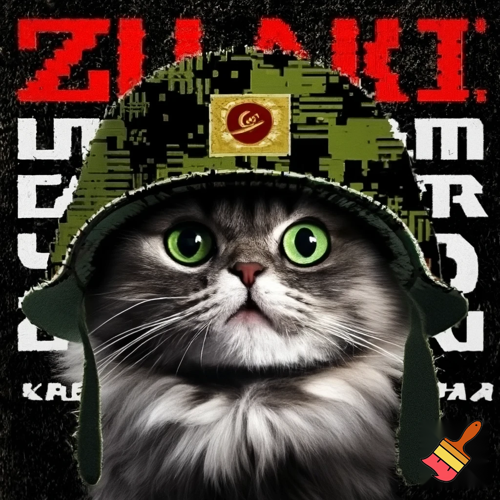 A hyper-realistic close-up portrait of a fluffy gray Siberian cat with bright green eyes, sticking its tongue out playfully. The cat is wearing a digital pixelated camouflage military helmet. The style is a Soviet-era military or socialist realism, with bold stylized graphics, high contrast, and a limited color palette of olive green, black, red, and white. In the background, bold Cyrillic text in red and white: at the top "БООРУЖЕННЫЕ СИЛЫ РОССИИ" (Armed Forces of Russia) and at the bottom "KAMAZ". The letter "Z" is prominently displayed on the side of the helmet or in the background. The image has a slightly grainy, vintage print texture. The mood is ironic and humorous, mixing cuteness with military aesthetics. --style raw --ar 2:3
