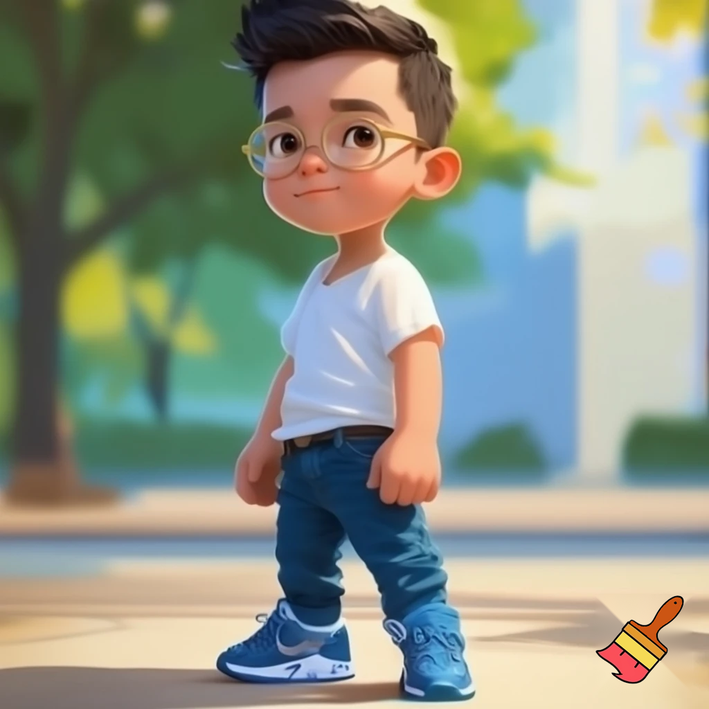 a boy standig he has a white skin coulor and black short hair he has bleu geans and a white bloes and bleu airmax shoes and he is whereing gold glasses