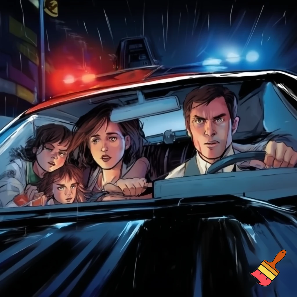 Female and male that are criminals in car running from police and two kids in the back.