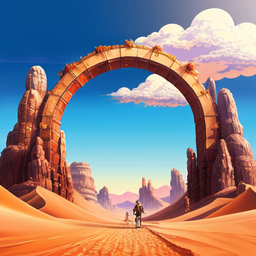 Paint and desert arch with multiple abstract figures in Tanguy style