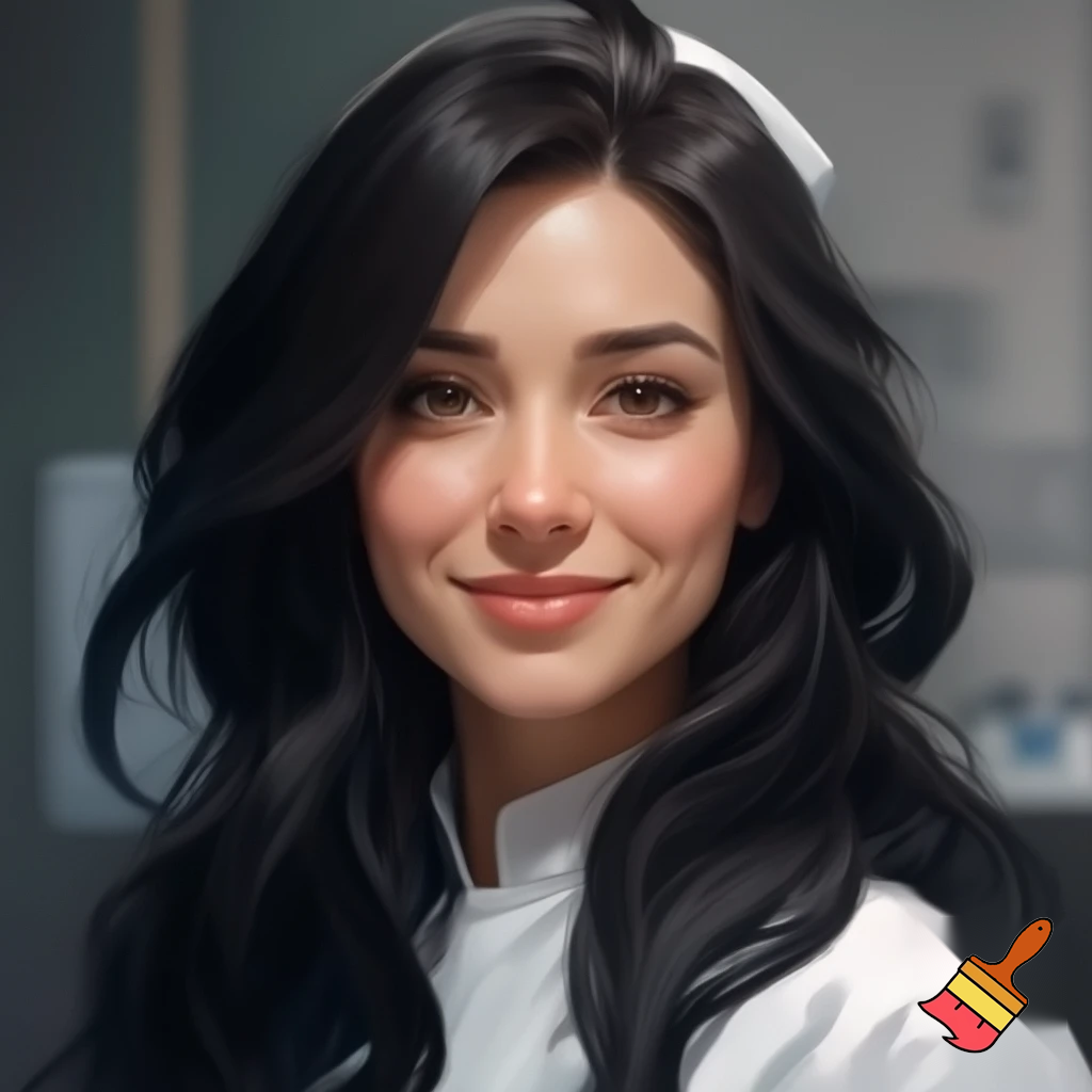 a nurse with white skin black long hair smiling 