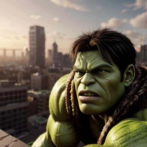 A giant green Hulk 🧟‍♂️ sitting on a rooftop at sunset with his girlfriend, soft golden sky, city lights glowing below, Hulk looking gentle and deeply in love, holding her hand carefully with his massive green fingers, emotional romantic atmosphere, cinematic lighting, ultra realistic, detailed expressions, 4k, dramatic sky