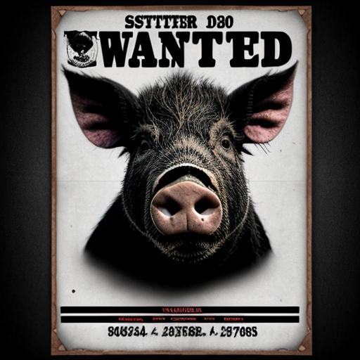 create a sinister looking wanted poster with a wild pig wearing black and white stripes
