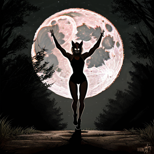 athletic female werewolf shifter. standing in front of the moon. dynamic pose. high quality. in the style of dungeons and dragons. detailed forest background.