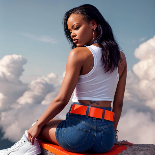 Rihanna orange tanktop belt blue short mini purple socks orange and white sneakers on a sitting Cloud