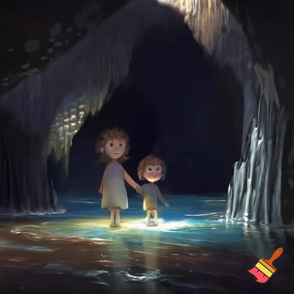 Girl and boy in cave with water
