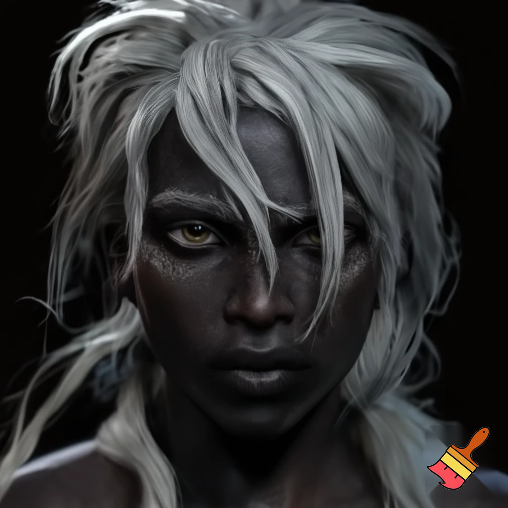 portrait of female character with thick, white, unevenly cut thick hair, realistic, smooth face, charcoal black skin, caucasian features, unkempt hairstyle, lending the person an edgy and adventurous appearance, dark adventure atmosphere, transparent background