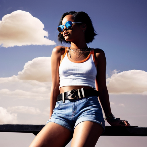 Rihanna orange tanktop belt blue short jeans purple socks orange and white sneakers on a sitting Cloud in the Sky