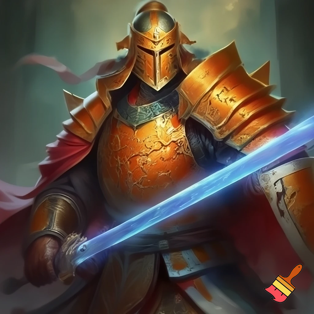 Golden orange paladin. Chinese style armor. Closed helmet. Dynamic stance. Glowing blue sword. High quality. In the style of dungeons and dragons.