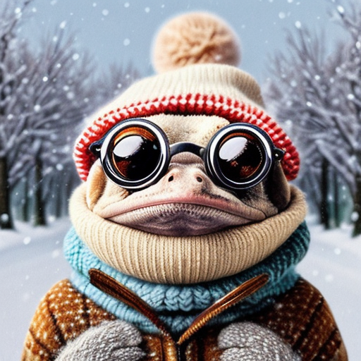 A laughable, puzzled animal toad in woolen, multicoloured winter clothings with woolen winter cap. Hyperrealistic art style.