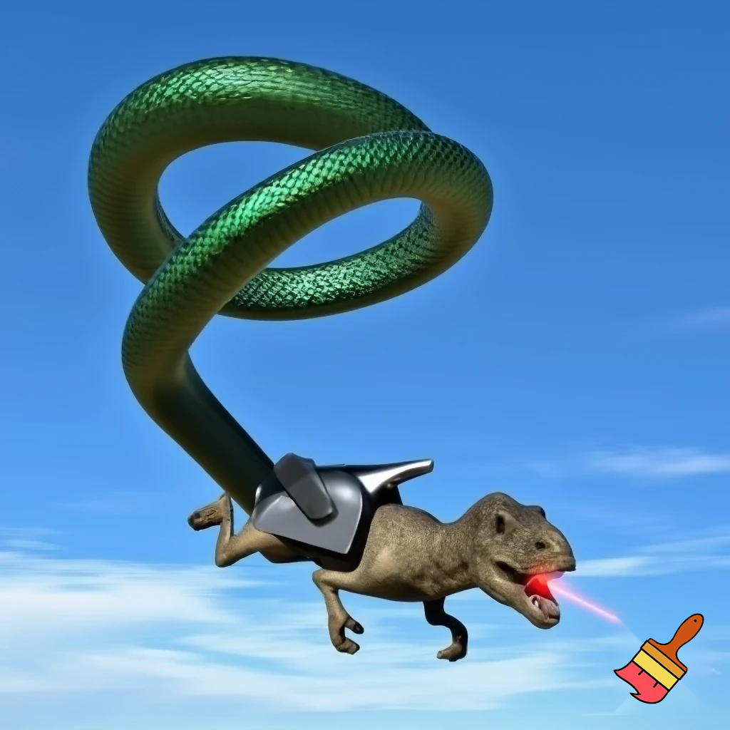 Make me a flying snake with T rex arms and legs with a jetpack and laser eyes