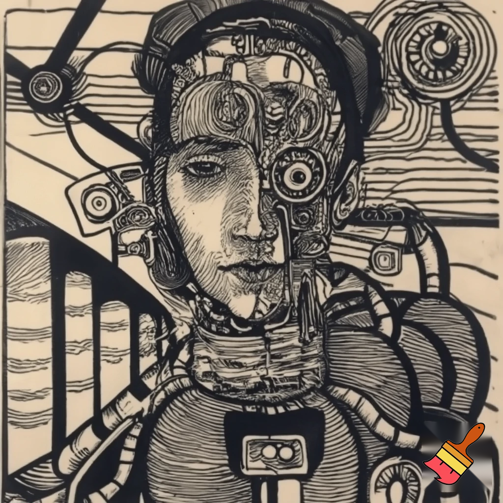 Bio-mechanical girl portrait, noise art. In the style of a 1920's German Expressionist woodcut print. Black & white.