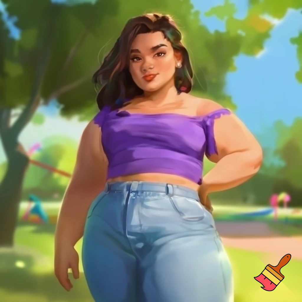 12 year-old girl, fat body, purple crop top, smooth blue jeans