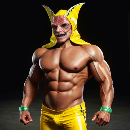 peux tu générer un homme requin humanoide  qui porte un costume jaune abimé. Ses bras protent  des ailerons de requins. Il est musclé et à l'air méchant. Il porte un chapka sur la tête.
