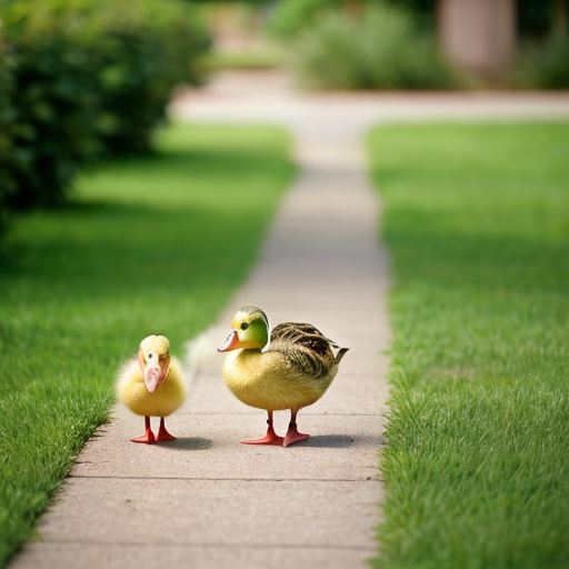 Green duckling, pink duckling are following and walking with mother duck.
