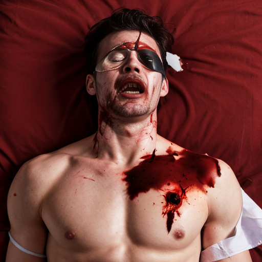 A shirtless man, face are hiding by shirt with cut on eye part, died, chest open wounded, blood everywhere, mouth are bleeding blood, eye closed.