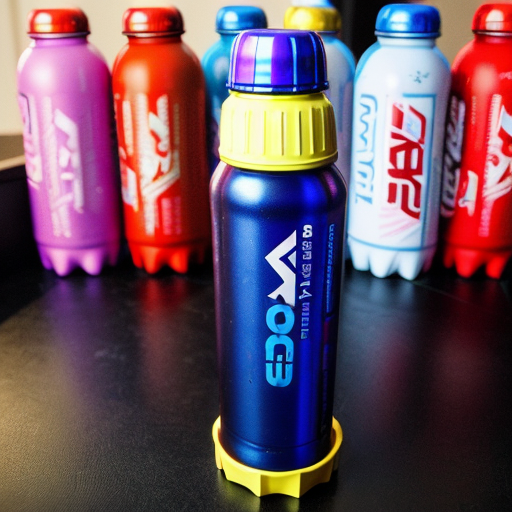 an energy drink bottle for boosterade  the bottle is blue yellow and pink
