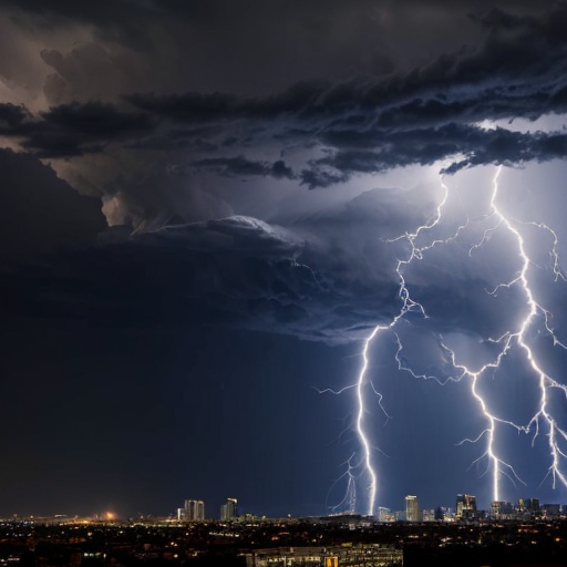 thunder and lightning striking on a city
