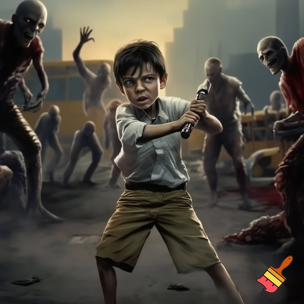 a school boy killing zombies
