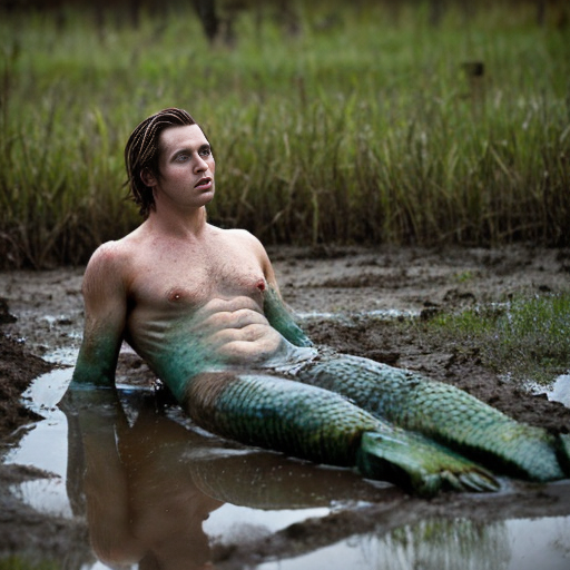 Swamp merman.  Anime. Fishtail. Worried. Stuck in a drying up mud puddle. Handsome. Gills. 
