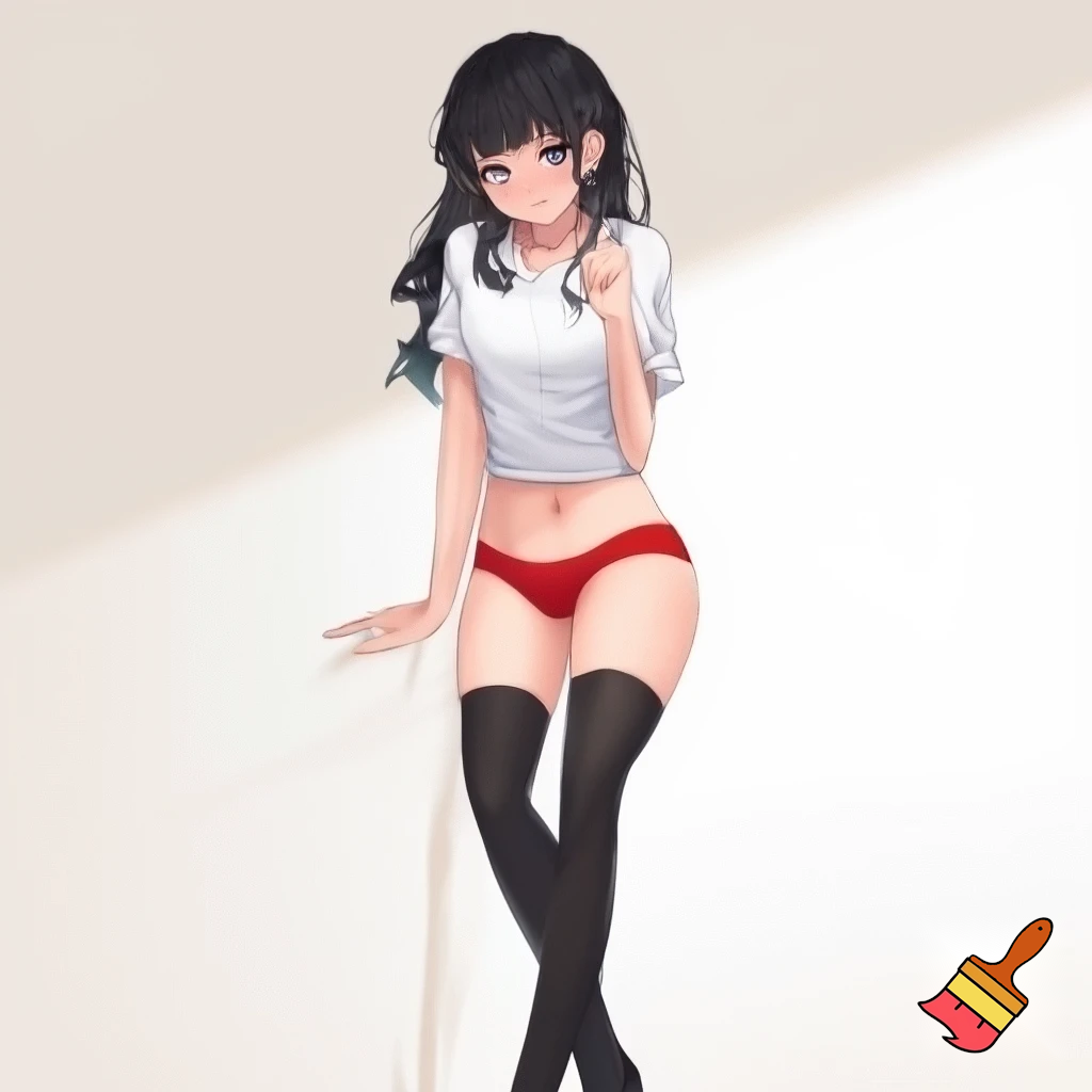Anime girl 20 years old so cool and cute with red underwear clothes is dressing very short shirt and thigh high socks is standing in cool pose and her body and ass and wait so cool make it so anime and make