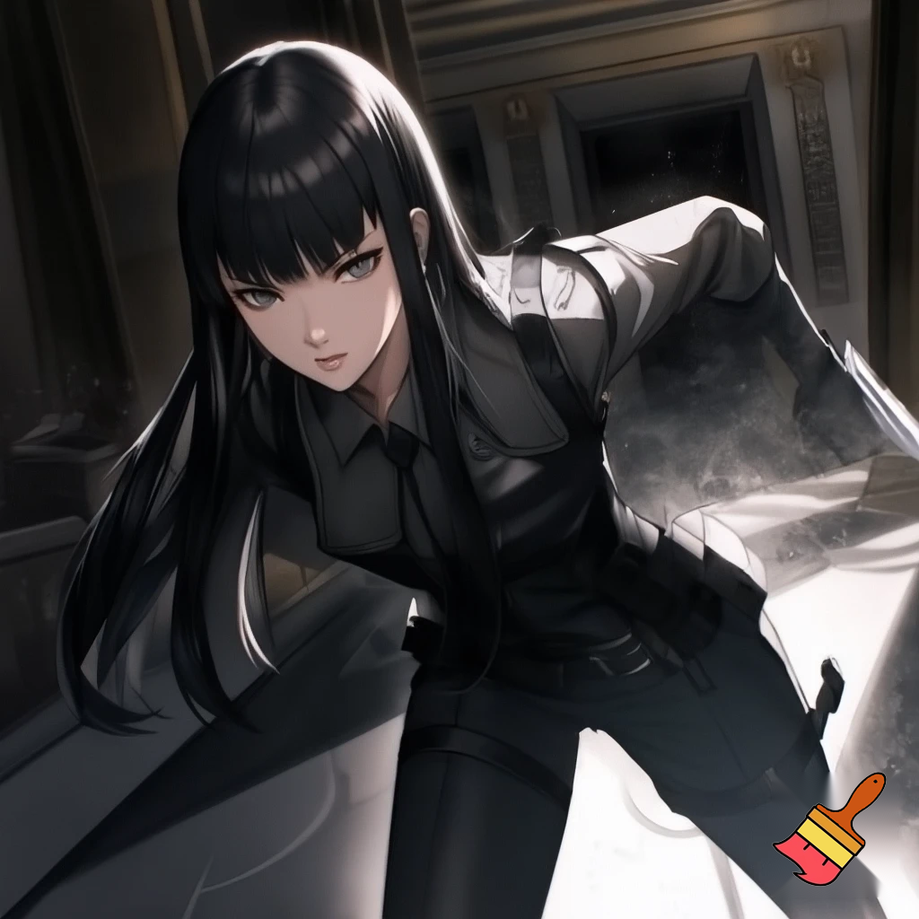 A anime girl with black long hair with bangs robbing a bank