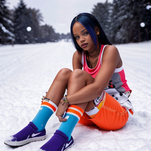 Rihanna orange tanktop belt blue short mini purple socks orange and white sneakers on a sitting Snow