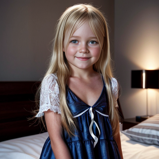 swedish little girl, long blonde hair, night dress, on the bedroom