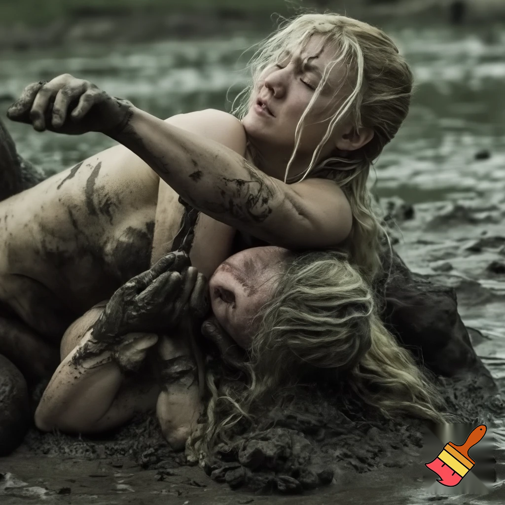 Daenerys Targaryen and Natalie Dormer wrestling in the mud , Natalie Dormer is under Daenerys and losing. Both are naked and all sweaty 
