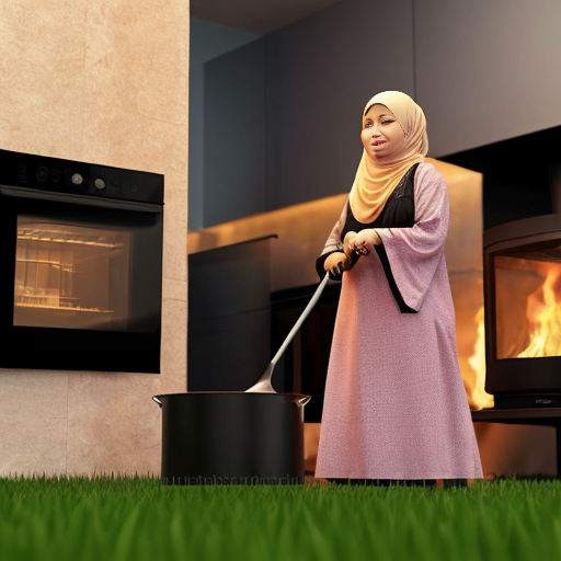 Женщина мусульманка покрытая волосы не видно груди не видно косинка длинная, стоит у плиты, готовит суп, сделай в стиле мультика пиксар 3д