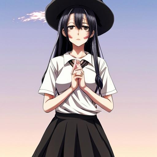 An anime witch girl with black hair, cute face, black eye. She have been abused until she only have broken skirt left. She is 16 year old and height is 1,5m. She is tried to cover her skirt. The background is village with a lot of peopla