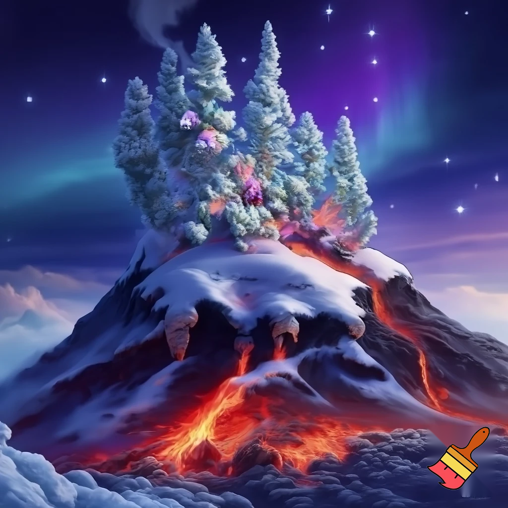 Drawing of a volcanic island mixed with an enchanted snow forest