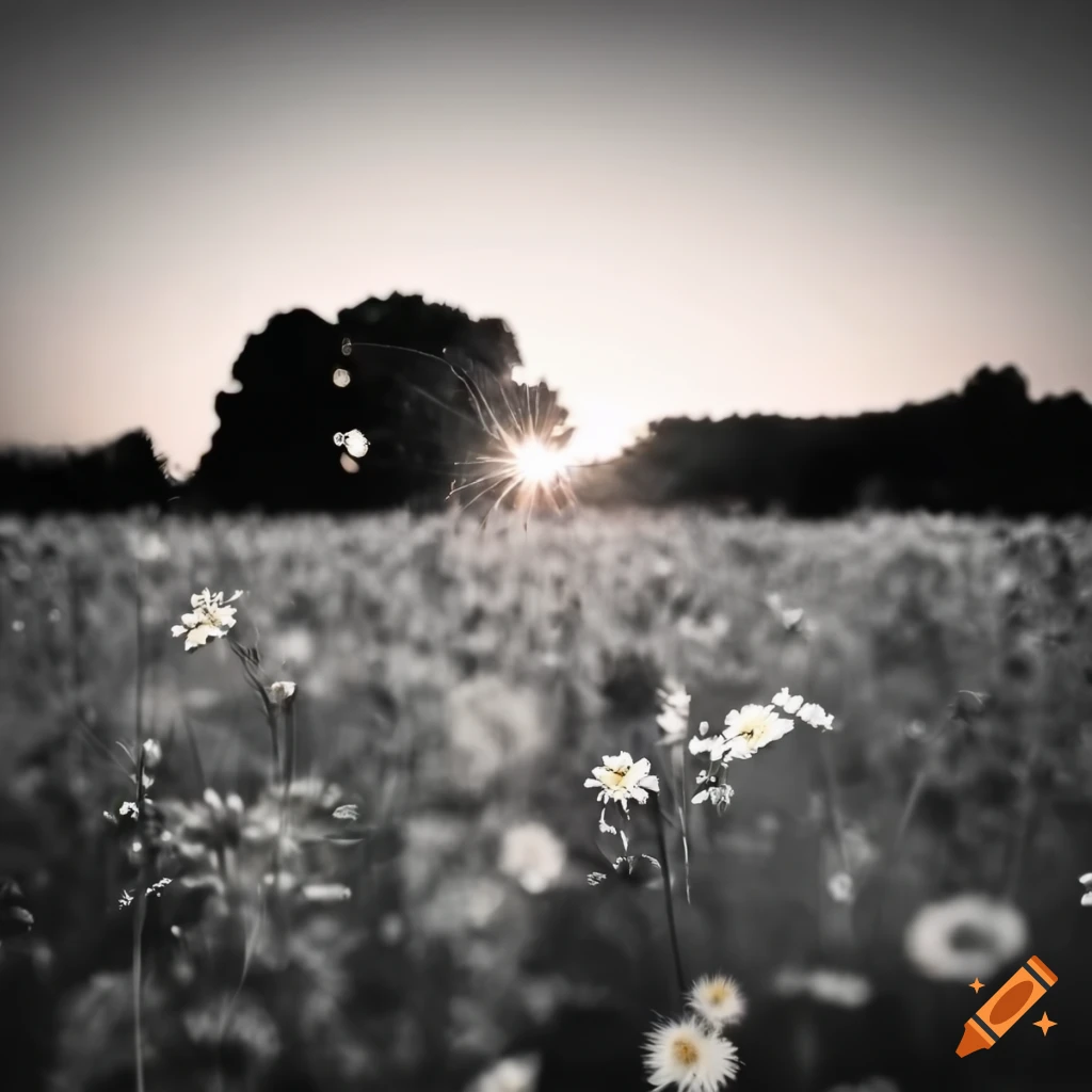 in a field of flowers at sunset, black and white