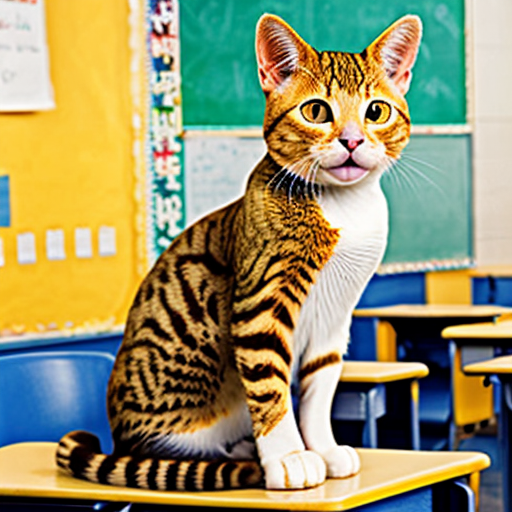 a yellow cat says here in school