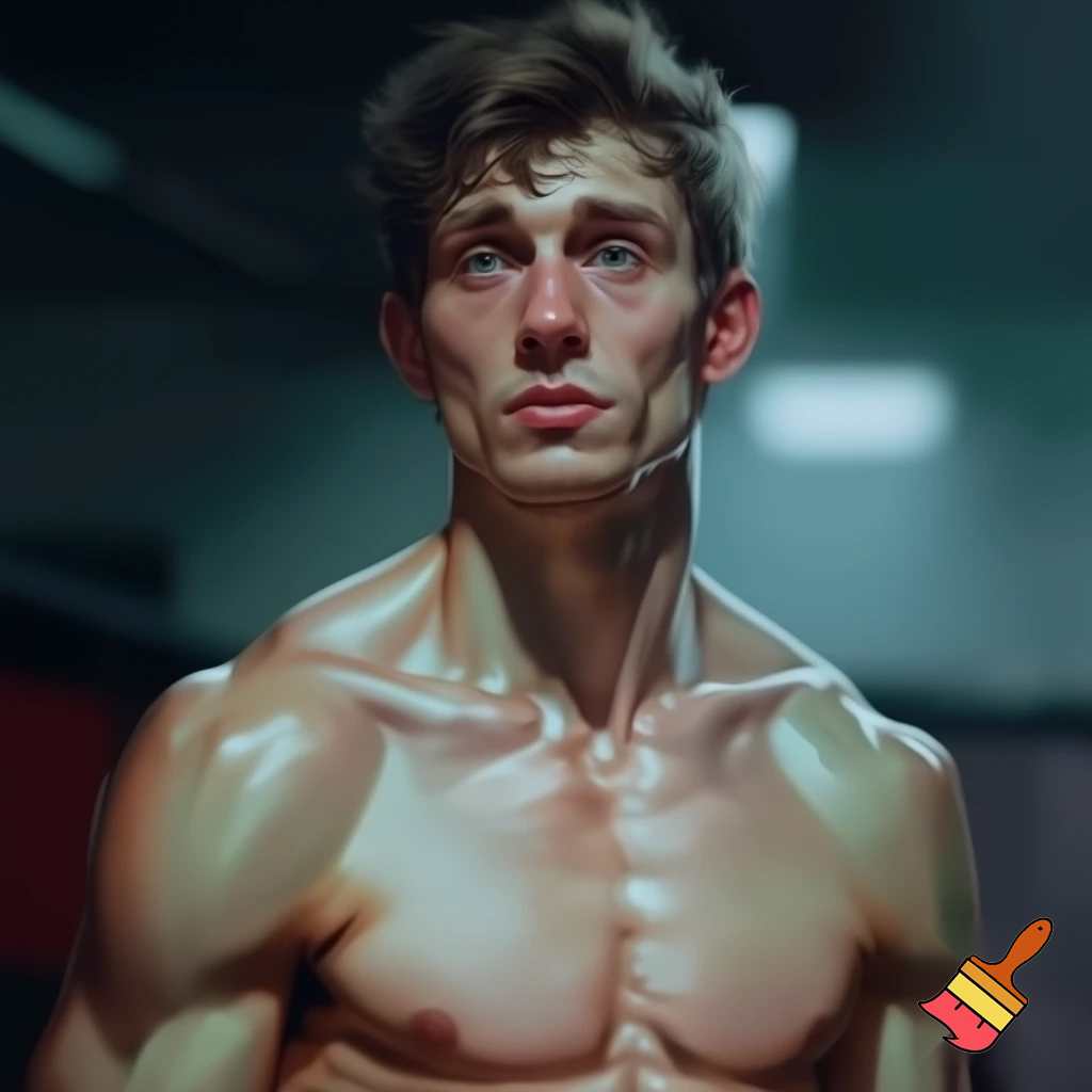 A mixed martial artist who has gone down two weight classes for a fight. His cheeks are sunken and his ribs are visible and his muscles stand out alarmingly. Nonetheless, he stands tall and steady. His eyes are watery blue, his hair is brown and his ears stick out. 