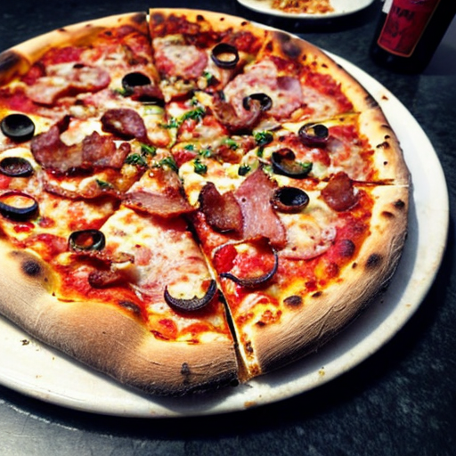 a tasty pizza with bacon on top and fresh cooked peaces of stake on it and tasty peperonis on it and macroni too
