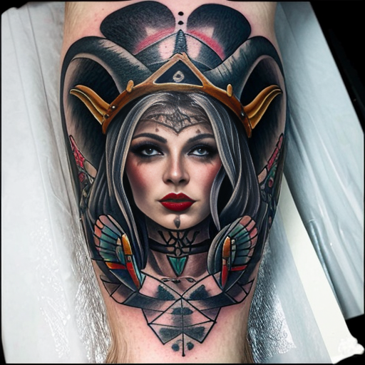 Völva viking witch colorful neo traditional tattoo