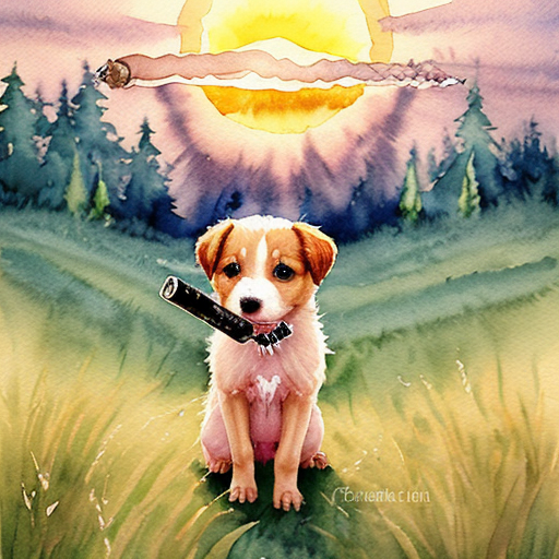 Roztomilé štěně drží lehce kouřící klacík, stojí proti zapadajícímu slunci, kolem louka a les. Kouř tvoří jemný obláček. Pohádková ilustrace, měkké světlo, dětský akvarel, hravá atmosféra.